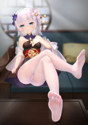 Rule 34 | 1girl, absurdres, bare shoulders, blue eyes, blue flower, blurry, blurry background, chinese clothes, closed mouth, couch, crossed legs, cushion, feet, flower, full body, hair flower, hair ornament, highres, honkai (series), honkai impact 3rd, indoors, long hair, looking at viewer, no shoes, pantyhose, sitting, soles, solo, theresa apocalypse, zhuge kongming (honkai impact), toes, white flower, white hair, white pantyhose, window, xiaomu314, zhuge kongming (honkai impact)
