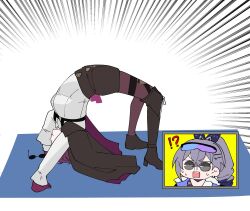 Rule 34 | !?, 2girls, black footwear, closed mouth, drill hair, gloves, goggles, goggles on head, grey eyes, grey hair, hands on floor, high ponytail, highres, honkai: star rail, honkai (series), kafka (honkai: star rail), kanayuki, meme, multiple girls, open mouth, parody, purple gloves, round eyewear, silver wolf (honkai: star rail), simple background, single drill, surprised, sweatdrop, teeth, tv show, upper teeth only, v-shaped eyebrows