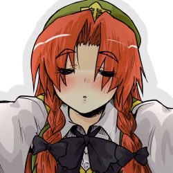 Rule 34 | 1girl, blush, braid, closed eyes, female focus, hong meiling, incoming kiss, seki (red shine), solo, embodiment of scarlet devil, touhou, twin braids, white background