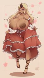 Rule 34 | 10s, 1girl, artist name, blonde hair, blush, breasts, breasts out, brown footwear, bursting breasts, cleavage, clothes lift, dark-skinned female, dark skin, dress, dress lift, embarrassed, female focus, gigantic breasts, highres, horns, huge breasts, large areolae, long hair, looking at viewer, monster girl, monster musume no iru nichijou, nipples, ogre, open mouth, pointy ears, red dress, red eyes, secretly saucy, signature, simple background, single horn, smile, solo, tionishia, wardrobe malfunction