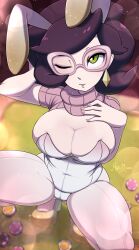 Rule 34 | 1girl, animal ears, arm up, artist name, black hair, breasts, cameltoe, cleavage, colored skin, covered navel, creatures (company), earrings, game freak, glasses, green eyes, grey-framed eyewear, hand up, highres, jewelry, large breasts, leotard, medium hair, merunyaa, nintendo, one eye closed, parted lips, pink nails, pokemon, pokemon sm, poker chip, rabbit ears, shoes, signature, skindentation, sleeves past wrists, smile, solo, squatting, teeth, white leotard, white skin, wicke (pokemon)