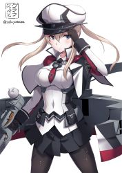 Rule 34 | 10s, 1girl, blonde hair, blue eyes, breasts, capelet, cowboy shot, female focus, gloves, graf zeppelin (kancolle), hair between eyes, hat, hat tip, kantai collection, large breasts, long hair, looking at viewer, miniskirt, pantyhose, peaked cap, sakiyamama, skirt, solo, twintails, twitter username, uniform, white background