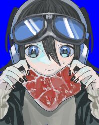 Rule 34 | 1girl, black hair, black nails, blue background, blue eyes, closed mouth, commentary, food, goggles, goggles on head, hair between eyes, headphones, highres, holding, holding food, long sleeves, looking at viewer, nail polish, original, raw meat, simple background, solo, sparkling eyes, sweat, two side up, upper body, urokogaran