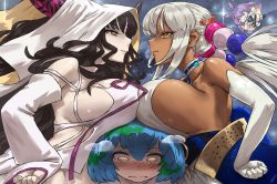 Rule 34 | 4girls, animal ears, area 15, bare shoulders, beads, black hair, blonde hair, blue hair, blush, breast press, breast rest, breasts, breasts on head, choker, cleavage, dark-skinned female, dark skin, detached sleeves, dress, earrings, earth-chan, elbow gloves, eyebrows hidden by hair, facial mark, fate/extra, fate/extra ccc, fate/grand order, fate (series), forehead mark, gloves, green hair, hair beads, hair ornament, hand on own hip, hands on own hips, haraya, haraya manawari, highres, holocouncil, hololive, hololive english, hololive indonesia, horns, huge breasts, jewelry, kaniko (tsukumo sana), large breasts, long hair, long sleeves, looking at another, low twintails, moona hoshinova, multicolored hair, multiple girls, sessyoin kiara, short hair, sideboob, sidelocks, space, star (sky), symmetrical docking, tsukumo sana, tsukumo sana (1st costume), twintails, veil, virtual youtuber, wavy hair, white dress, white gloves, wide sleeves, yellow eyes
