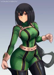 Rule 34 | 1girl, asui tsuyu, belt, black eyes, black hair, bodysuit, boku no hero academia, breasts, curvy, frog girl, gloves, green bodysuit, highres, large breasts, long hair, simple background, solo, thick thighs, thighhighs, thighs, wide hips, yomichiboy
