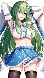 Rule 34 | 1girl, 7saki, bad id, bad twitter id, bare shoulders, black thighhighs, blue eyes, blue skirt, blush, breasts, cleavage, detached sleeves, frog hair ornament, green hair, hair between eyes, hair ornament, highres, japanese clothes, kochiya sanae, large breasts, long hair, navel, nontraditional miko, open mouth, simple background, skirt, smile, snake hair ornament, solo, thighhighs, touhou, white background, white sleeves, wide sleeves