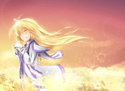 Rule 34 | 00s, 1girl, blonde hair, blush, capelet, colette brunel, dress, closed eyes, gloves, long hair, open mouth, tales of (series), tales of symphonia, white gloves, wind