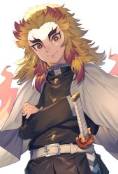 Rule 34 | 1boy, belt, belt buckle, black jacket, black pants, blonde hair, brown eyes, buckle, cape, closed mouth, commentary request, crossed arms, forked eyebrows, highres, jacket, katana, kimetsu no yaiba, long hair, long sleeves, looking at viewer, male focus, multicolored hair, pants, red hair, rengoku kyoujurou, sheath, sheathed, simple background, smile, solo, sword, two-tone hair, wagashi928, weapon, white background, white belt, white cape