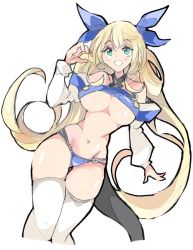 Rule 34 | 1girl, alternate color, bare shoulders, blonde hair, blue eyes, blue ribbon, breasts, cropped legs, detached sleeves, dizzy (guilty gear), enpe, guilty gear, hair between eyes, hair rings, large breasts, long hair, long sleeves, looking at viewer, navel, panties, ribbon, simple background, solo, tail, tail ornament, tail ribbon, thighhighs, thighs, twintails, underboob, underwear, very long hair, white background, white thighhighs