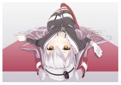 Rule 34 | 10s, 1girl, akikan (10552397), amatsukaze (kancolle), bad id, bad pixiv id, blurry, brown eyes, collarbone, depth of field, dress, foreshortening, garter straps, gloves, hair tubes, kantai collection, knees together feet apart, long hair, looking at viewer, lying, on back, red thighhighs, sailor collar, sailor dress, short dress, silver hair, single glove, solo, striped clothes, striped thighhighs, thighhighs, two side up, upside-down, white gloves, zettai ryouiki