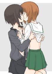 Rule 34 | 2girls, blouse, clothes lift, collared shirt, from side, girls und panzer, grey background, grey shirt, incest, letterboxed, multiple girls, nishizumi maho, nishizumi miho, no bra, open clothes, open shirt, school uniform, serafuku, shirt, shirt tucked in, siblings, simple background, sisters, undressing, white shirt, yuri
