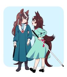 Rule 34 | 2girls, ^ ^, aged down, animal ears, arm grab, black footwear, blush, bobby socks, boots, cane, closed eyes, closed mouth, clothing cutout, commentary request, dress, full body, green dress, highres, holding, holding cane, horse ears, horse girl, horse tail, long hair, long sleeves, looking at viewer, mary janes, multicolored hair, multiple girls, open mouth, panipuri, shoes, sirius symboli (umamusume), smile, socks, standing, streaked hair, symboli rudolf (umamusume), tail, tail through clothes, umamusume, white cane, white socks