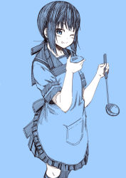 Rule 34 | 10s, 1girl, :d, :q, ;q, apron, blue background, blue theme, commentary request, female focus, fubuki (kancolle), kantai collection, kouji (campus life), ladle, looking at viewer, low ponytail, monochrome, one eye closed, open mouth, saucer, school uniform, serafuku, short sleeves, simple background, smile, socks, solo, tongue, tongue out