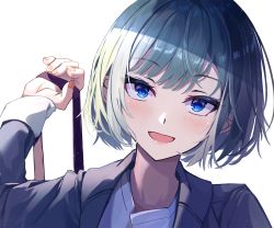Rule 34 | 1girl, :d, arm up, bad id, bad pixiv id, black jacket, blue eyes, blush, head tilt, highres, holding, jacket, long sleeves, looking at viewer, nail polish, open clothes, open jacket, open mouth, original, red nails, seero, shirt, short hair, smile, solo, upper body, white shirt