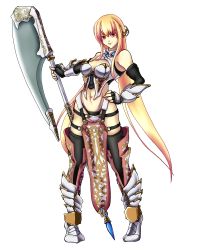 Rule 34 | 1girl, armor, axe, blonde hair, female focus, hand on own hip, navel, piyopiyomen, red eyes, solo, transparent background, weapon