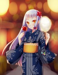 Rule 34 | 10s, 1girl, alternate costume, apple, blurry background, blush, candy, candy apple, cotton candy, floral print, flower, food, fruit, hair flower, hair ornament, hair ribbon, holding, holding food, japanese clothes, kantai collection, kimono, long hair, looking at viewer, murakumo (kancolle), no headwear, orange eyes, ribbon, silver hair, solo, sotogawa max, sweets, yukata