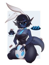 Rule 34 | 1girl, 2022, ?, ??, animal ears, artist name, black hair, blue skin, breasts, cleavage, colored skin, commentary, dated, dragon girl, dragon tail, egg, english commentary, fake animal ears, fake tail, hair between eyes, highres, kanel, kneeling, leotard, medium breasts, multiple views, necktie, original, pantyhose, patreon username, playboy bunny, rabbit ears, rabbit tail, smolder (kanel), speech bubble, strapless, strapless leotard, tail, watermark
