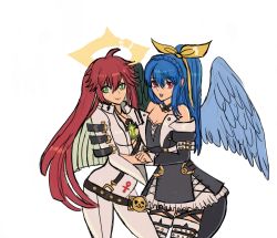 Rule 34 | 2girls, ankh, ankh necklace, belt, blue hair, bodysuit, broken halo, spiked halo, dizzy (guilty gear), green eyes, guilty gear, guilty gear strive, halo, highres, jack-o&#039; valentine, looking at viewer, moontears, mother and daughter, multiple girls, ponytail, red eyes, red hair, skirt, tail, white bodysuit, wings