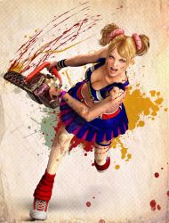 Rule 34 | 1girl, belt, blonde hair, blood, blue eyes, breasts, chainsaw, cheerleader, cleavage, clothes writing, crop top, grasshopper manufacture, juliet starling, leg warmers, lollipop chainsaw, long hair, looking at viewer, midriff, miniskirt, open mouth, running, scrunchie, shoes, skirt, sneakers, solo, splatter, thighhighs, twintails, watch, white thighhighs, wristband, wristwatch