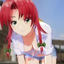 Rule 34 | 1girl, 3d, animated, breasts, cleavage, denim, denim shorts, downblouse, earrings, green eyes, hong meiling, jewelry, jiggle, leaning forward, looking at viewer, medium breasts, mofumoko5, no bra, red hair, shorts, smile, solo, thighs, touhou, video