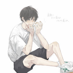 Rule 34 | 1boy, black hair, black shorts, blue eyes, closed mouth, commentary request, full body, hands up, highres, male focus, original, pd ta1, shirt, shirt tucked in, shoes, short hair, short sleeves, shorts, simple background, sitting, sneakers, solo, t-shirt, tearing up, translation request, very short hair, white background, white footwear, white shirt