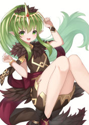 Rule 34 | 1girl, :d, absurdres, arm up, brown dress, commentary request, dress, eyebrows hidden by hair, feet out of frame, fire emblem, fire emblem heroes, floating hair, fur-trimmed dress, fur trim, green eyes, green hair, hair between eyes, hako momiji, hand up, headpiece, high ponytail, highres, knees together feet apart, knees up, long hair, looking at viewer, nintendo, open mouth, ponytail, simple background, smile, solo, teeth, thighs, tiki (fire emblem), tiki (young) (fire emblem), upper teeth only, very long hair, white background