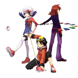 Rule 34 | 2boys, alternate costume, back, backwards hat, baseball cap, black hair, blue eyes, blue hair, cabbie hat, cosplay, creatures (company), earrings, ethan (pokemon), game freak, gloves, goggles, grey eyes, hat, hk (nt), hood, hoodie, jacket, jewelry, kicking, kneeling, kris (pokemon), looking back, lyra (pokemon), lyra (pokemon) (cosplay), multiple boys, nintendo, overalls, pants, poke ball, pokemon, pokemon adventures, pokemon gsc, pokemon hgss, red hair, shirt, shoes, silver (pokemon), standing, thighhighs, twintails, white thighhighs, yellow eyes