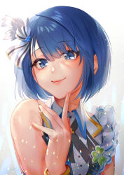 Rule 34 | 1girl, ayamori mimi, bangle, black bow, blue eyes, blunt bangs, bob cut, bow, bracelet, clover brooch, collared dress, commentary, dress, finger to own chin, flower, frilled dress, frills, hair flower, hair ornament, hair ribbon, highres, index finger raised, jewelry, kiritani haruka, light particles, looking at viewer, portrait, project sekai, ribbon, short hair, sidelocks, signature, simple background, sleeveless, sleeveless dress, smile, solo, vest, white background, white ribbon