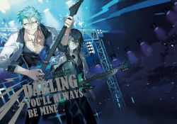 Rule 34 | 2boys, alternate costume, arrancar, black hair, bleach, blue eyes, blue hair, character name, clenched teeth, closed mouth, dutch angle, electric guitar, english text, expressionless, green eyes, grimmjow jaegerjaquez, grin, guitar, hair between eyes, instrument, jitome, light rays, looking at viewer, multiple boys, music, number tattoo, pale skin, playing instrument, smile, stage lights, standing, starshadowmagician, tattoo, teeth, ulquiorra cifer
