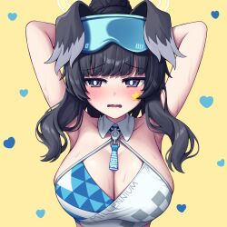 Rule 34 | 1girl, absurdres, animal ears, armpits, arms behind head, black eyes, black hair, blue-tinted eyewear, blue archive, clothes writing, detached collar, dog ears, halterneck, heart, heart background, hibiki (blue archive), hibiki (cheer squad) (blue archive), highres, long hair, metaljelly, millennium cheerleader outfit (blue archive), official alternate costume, solo, sweat, tinted eyewear, upper body, yellow background