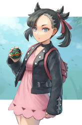 Rule 34 | 1girl, alkham, backpack, bag, black jacket, blue eyes, breasts, clenched hand, creatures (company), dress, expressionless, game freak, hair behind ear, highres, holding, holding poke ball, jacket, leather, leather jacket, marnie (pokemon), medium breasts, nintendo, pink dress, poke ball, pokemon, pokemon swsh, solo, twintails