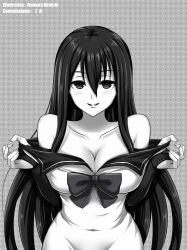 Rule 34 | 1girl, artist name, bare shoulders, black eyes, black hair, blush, breasts, bridal gauntlets, cleavage, clothes pull, covered navel, detached sleeves, gokukoku no brynhildr, highres, ikemura hiroichi, kuroha neko, large breasts, long hair, looking at viewer, monochrome, naughty face, parted lips, ribbon, sailor collar, smile, solo, teasing, undressing