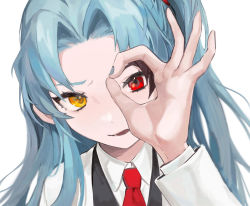 Rule 34 | 1girl, angela (project moon), aqua hair, black vest, blue nails, eyelashes, heterochromia, korean commentary, kumo (kumo hsc0216), lobotomy corporation, long hair, looking at viewer, nail polish, necktie, ok sign, ok sign over eye, one side up, orange eyes, parted lips, portrait, project moon, red eyes, red necktie, shirt, simple background, solo, vest, white background, white shirt