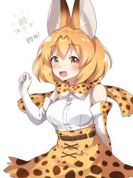 Rule 34 | 10s, 1girl, animal ears, arm behind back, bare shoulders, blonde hair, blush, bow, bowtie, breasts, brown hair, cowboy shot, elbow gloves, fang, gloves, hand up, high-waist skirt, kaoling, kemono friends, korean text, looking at viewer, medium breasts, multicolored bow, multicolored clothes, multicolored gloves, multicolored hair, multicolored neckwear, serval (kemono friends), serval print, shirt, short hair, skirt, sleeveless, sleeveless shirt, solo, standing, streaked hair, tareme, translation request, two-tone hair, upper body, white shirt, yellow eyes