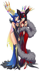 Rule 34 | 10s, 2girls, alternate color, antlers, bad id, bad pixiv id, bare shoulders, black hair, blue eyes, blue hair, blue nails, body blush, boots, breasts, cape, cleavage, creatures (company), detached sleeves, dress, eclosion, facial mark, feather boa, forehead mark, game freak, gen 6 pokemon, gown, high heels, highres, hip focus, holding hands, horns, knees, large breasts, legendary pokemon, legs, long dress, long hair, multicolored hair, multiple girls, nail polish, nintendo, personification, pokemon, pokemon xy, red hair, red nails, side slit, simple background, thigh boots, thighhighs, two-tone hair, white background, wide hips, xerneas, yveltal