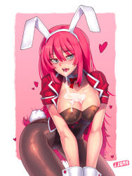Rule 34 | 1girl, animal ears, artist name, bad id, bad pixiv id, blush, bow, bowtie, breasts, cleavage, collar, collarbone, cum, cum in mouth, cum on body, cum on breasts, cum on clothes, cum on upper body, cumdrip, detached collar, facial, fake animal ears, fishnet pantyhose, fishnets, grey eyes, heart, jjune, large breasts, leotard, long hair, looking at viewer, open mouth, original, pantyhose, pink hair, playboy bunny, rabbit ears, rabbit tail, sexually suggestive, simple background, solo, tail, wrist cuffs