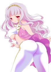 Rule 34 | 1girl, absurdres, ass, blush, breasts, highres, hogeroh, idolmaster, idolmaster (classic), long hair, looking back, pants, purple hair, red eyes, shijou takane, solo, tight clothes, tight pants, underboob
