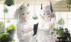 Rule 34 | 2girls, arknights, blouse, breasts, choker, clipboard, collared shirt, demon horns, detached sleeves, dress, dress shirt, earpiece, green eyes, grey hair, hair between eyes, hair ornament, hanging plant, highres, holding, holding clipboard, horns, indoors, kal&#039;tsit (arknights), large breasts, looking at viewer, multiple girls, naked shirt, navel, omone hokoma agm, open clothes, open shirt, orange eyes, plant, potted plant, shirt, short hair with long locks, sideboob, smile, strapless, strapless dress, theresa (arknights), white choker, white shirt, white sleeves