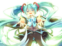 Rule 34 | 1girl, ahoge, aka tonbo (lililil), aqua eyes, aqua hair, bow, bowtie, detached sleeves, hatsune miku, long hair, musical note, open mouth, outstretched arms, pantyhose, skirt, solo, twintails, very long hair, vocaloid