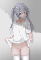 Rule 34 | 1girl, asymmetrical bangs, blush, bottomless, breasts, cleft of venus, closed mouth, collarbone, grey hair, groin, highres, lifted by self, long hair, looking at viewer, mustee, no panties, parted bangs, purple eyes, pussy, pussy juice, shadow, shirt, sidelocks, simple background, small breasts, standing, t-shirt, thighhighs, tree shade, twintails, uncensored, wet, white background, white shirt, white thighhighs