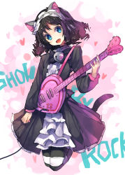 Rule 34 | 10s, 1girl, animal ears, black hair, blue eyes, cat ears, cat tail, copyright name, cyan (show by rock!!), fang, guitar, hairband, instrument, looking at viewer, pantyhose, short hair, show by rock!!, smile, solo, strawberry heart (show by rock!!), striped clothes, striped pantyhose, tail, ukyo rst