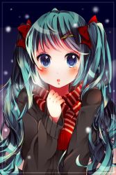 Rule 34 | 1girl, bad id, bad pixiv id, blue eyes, blush, bow, green eyes, hair bow, hair ornament, hairclip, hatsune miku, long hair, looking at viewer, open mouth, red scarf, rinndouk, scarf, snow, solo, striped clothes, striped scarf, twintails, vocaloid
