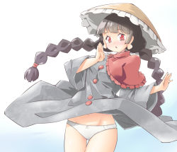 Rule 34 | 1girl, :o, ajirogasa, arnest, black hair, blunt bangs, blush, bow, bow panties, braid, brown hat, buttons, capelet, commentary request, crotch seam, dress, earlobes, frilled hat, frills, grey dress, hair tie, hat, long earlobes, long hair, long sleeves, looking at viewer, medium dress, navel, open mouth, panties, pantyshot, partial commentary, red capelet, red eyes, solo, standing, thigh gap, touhou, twin braids, twintails, underwear, white panties, wind, wind lift, yatadera narumi