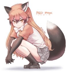 1girl animal_ears black_socks blush bow bowtie brown_footwear brown_gloves brown_hair elbow_gloves english_text extra_ears fox_ears fox_girl fox_tail gloves gradient_hair grey_skirt hair_between_eyes kemono_friends kosai_takayuki loafers long_hair looking_at_viewer multicolored_hair necktie orange_eyes orange_hair orange_necktie orange_shirt orange_sleeves pleated_skirt red_fox_(kemono_friends) shirt shoes short_sleeves sidelocks skirt socks solo squatting t-shirt tail translation_request two-tone_shirt white_bow white_bowtie white_shirt