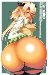 Rule 34 | 1girl, ass, bad id, bad pixiv id, bent over, blonde hair, censored, highres, hiromin, horns, huge ass, long hair, mosaic censoring, original, panties, panty pull, pointy ears, pussy, shiny skin, solo, underwear, wide hips
