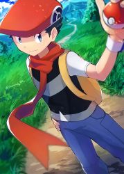 Rule 34 | 1boy, absurdres, black hair, black vest, blue eyes, blue pants, closed mouth, creatures (company), day, game freak, hand on own hip, hat, highres, holding, holding poke ball, looking at viewer, lucas (pokemon), male focus, nintendo, outdoors, pants, poke ball, poke ball print, pokemon, pokemon dppt, print headwear, red hat, red scarf, sawarabi (sawarabi725), scarf, short hair, short sleeves, smile, solo, standing, twitter username, vest, white sleeves