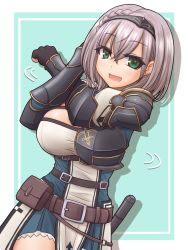 Rule 34 | 1girl, arm across chest, armor, belt, belt buckle, black armor, black gloves, black headwear, blue background, braid, breastplate, breasts, buckle, circlet, cleavage, cleavage cutout, clothing cutout, colorized, fingerless gloves, gloves, gold trim, green eyes, highres, hololive, kajeu k, large breasts, loincloth, medium hair, mole, mole on breast, motion lines, open mouth, shirogane noel, shirogane noel (1st costume), shoulder armor, simple background, solo, stretching, utility belt, virtual youtuber, white hair, white loincloth