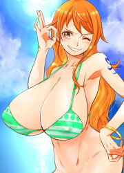 Rule 34 | 1girl, ass, bottomless, breasts, covered erect nipples, female focus, highres, huge breasts, long hair, nami (one piece), one piece, orange hair, smile, solo, source request, sunahara wataru, swimsuit
