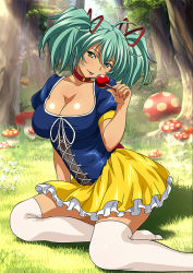 Rule 34 | 1girl, :p, blush, breasts, candy, choker, cleavage, curvy, dark skin, dark-skinned female, dress, female focus, food, forest, grass, green hair, ikkitousen, large breasts, legs, long hair, looking at viewer, mushroom, nature, outdoors, ribbon, ryofu housen, sitting, smile, solo, thighhighs, tongue, tongue out, tree, twintails