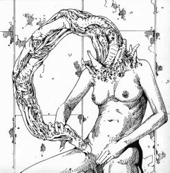 Rule 34 | 1girl, artist request, breasts, monochrome, monster, nude, spine, zombie